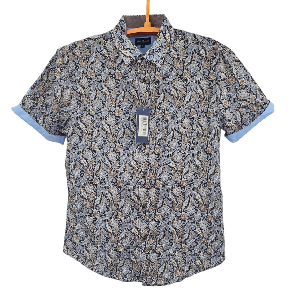 NWT Rue Saint Patrick Paisley Short Sleeve Shirt, Size Large Button-Down‎